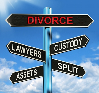 divorce lawyers custody assets split street sign