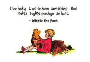 How lucky I am to have something that makes saying goodbye so hard quotes by Winnie the Pooh, Winnie with Darby sitting on the ground beside a cut tree child support florida